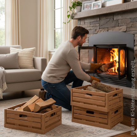 Klappkiste in Holzdekor als dekorative Box für Kaminfeuerholz