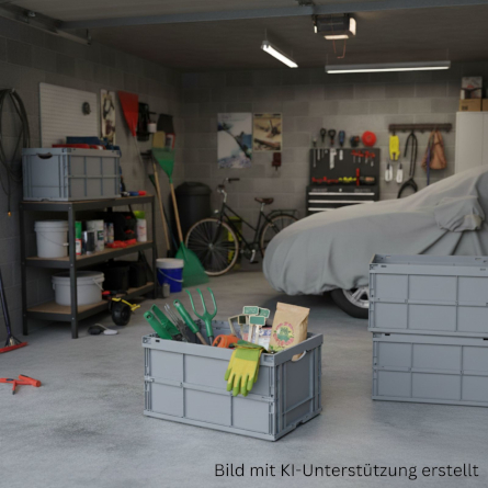 UNISTA Euroklappbox befüllt mit Gartensachen in der Garage