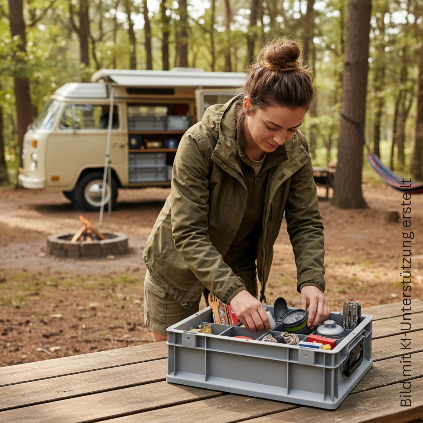 Frau räumt Camping-Material in Eurokoffer mit Einsatzkästen