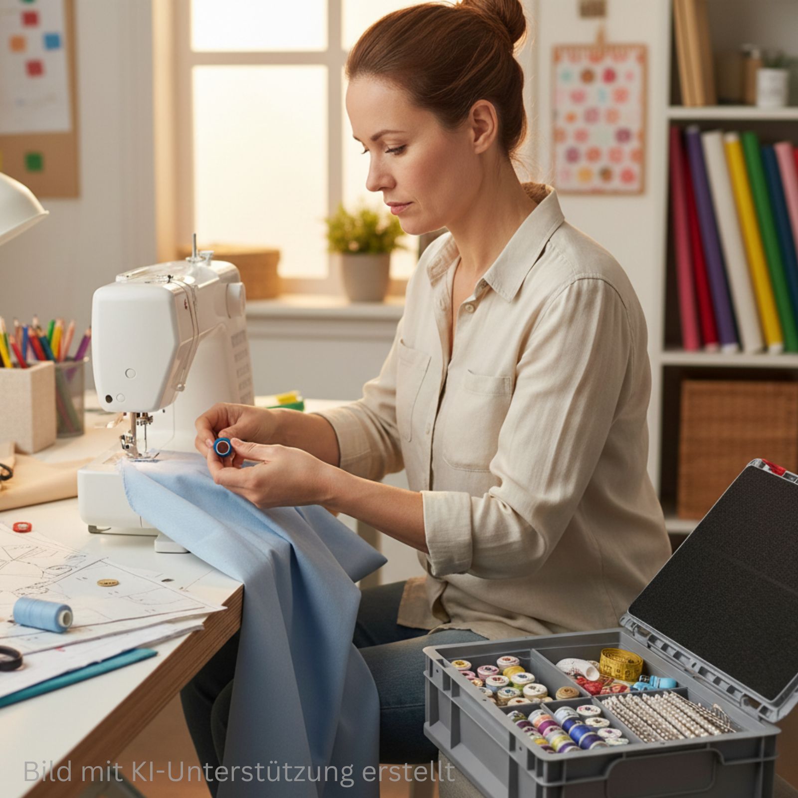 Frau näht, daneben ein Eurokoffer mit Einsatzkästen mit Nähsachen