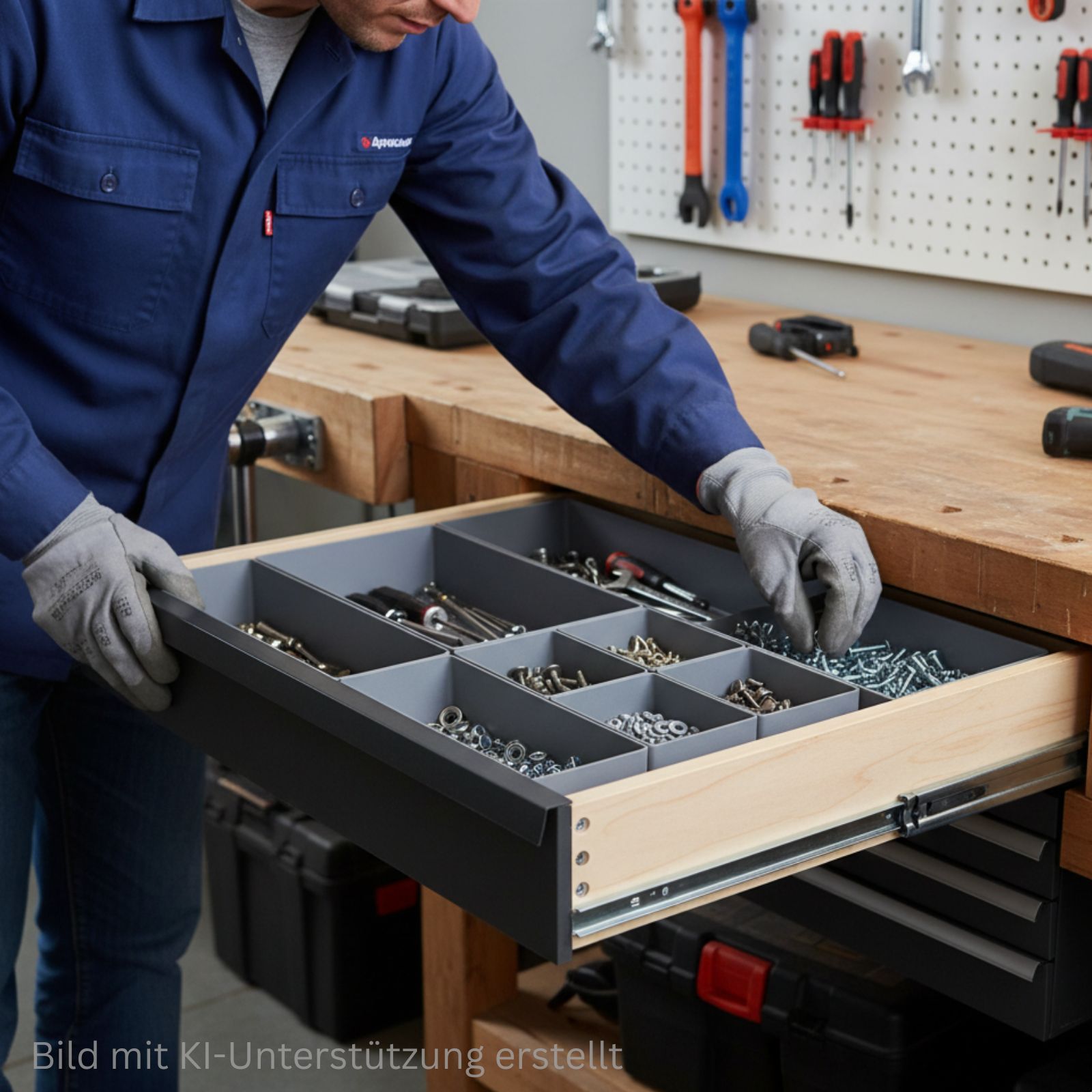 Mann räumt Ware in Schublade mit Einsatzkästen