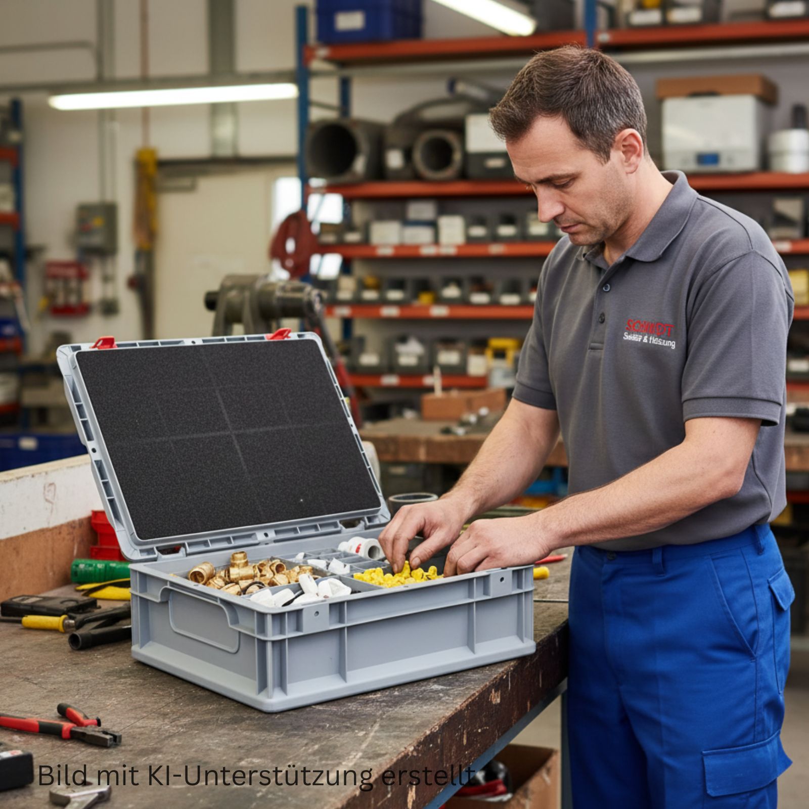 Mann räumt Ware in Eurokoffer mit Einsatzkästen