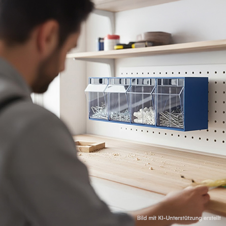 Klappschüttenmagazin hängt an einer Wand in der Werkstatt