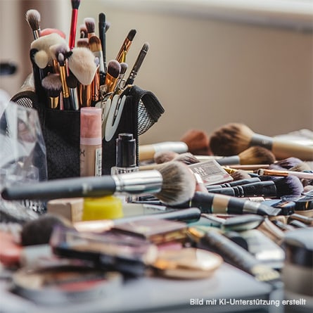 Make-up und Zubehör liegen chaotisch auf einem Tisch
