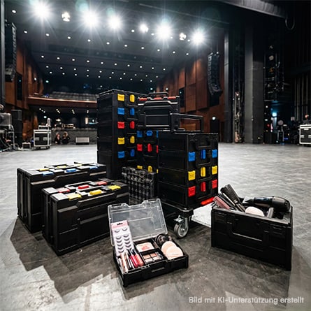 metaboxen in verschiedenen Größen, befüllt mit Make-up, auf dem Boden eines Konzertbereichs