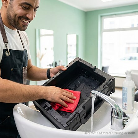 Ein Mann reinigt eine toolBOX im Waschbecken eines Friseursalons