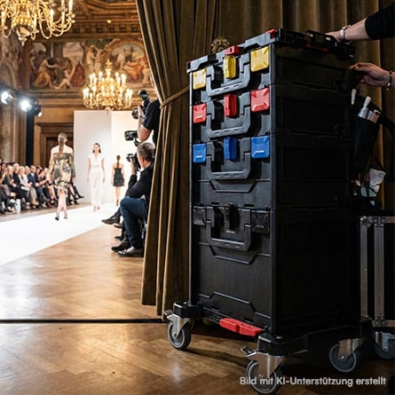 Im Backstage-Bereich einer Modenschau sind in einem Turm aus metaBOXen auf einem Transportroller Beauty-Produkte verstaut.