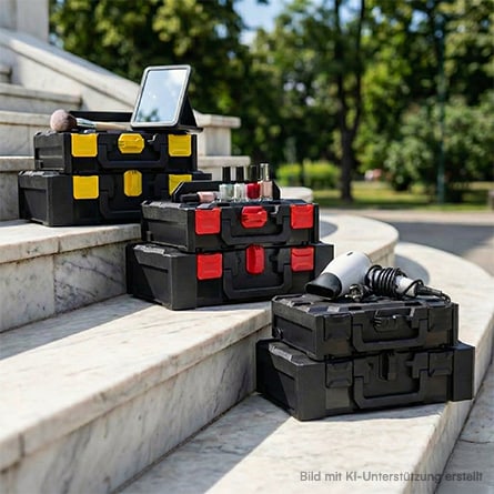 Zwei metaBOXen der Color Edition und eine der Black Edition stehen auf eine Treppe. Auf den Deckeln liegen Friseur- und Make-up-Utensilien.
