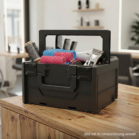 Eine mit Friseurutensilien befüllte toolBOX steht auf einem Tisch im Friseursalon.