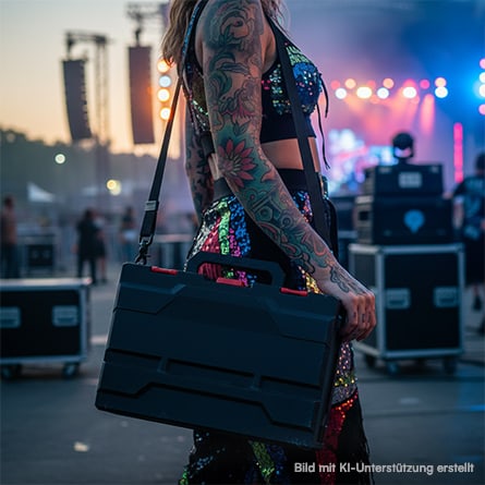 im Backstage-Bereich eines Festivals trägt eine tätowierte Frau eine metaBOX mit einem Schultergurt.