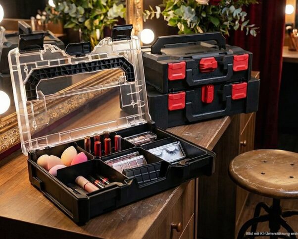 Zwei mit Kosmetik befüllte metaBOXen stehen auf einem Schminktisch