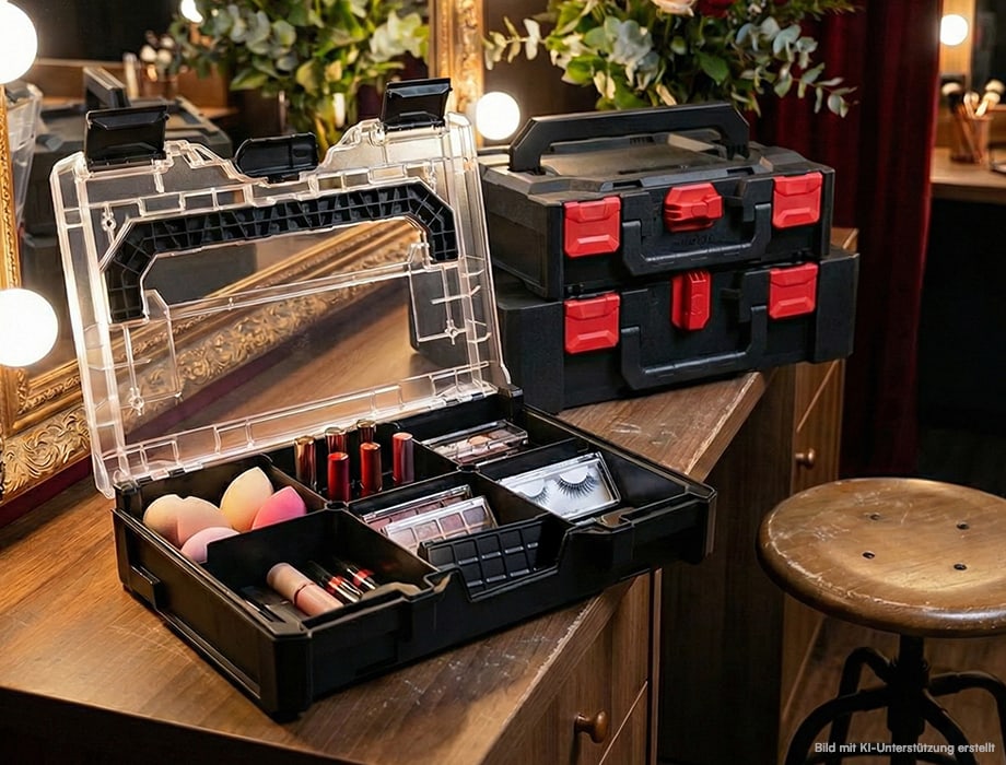 Zwei mit Kosmetik befüllte metaBOXen stehen auf einem Schminktisch