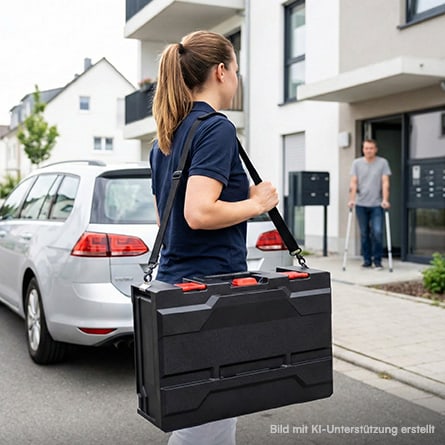 Pflegeperson trägt metaBOX über Schulter mit dem metaBELT