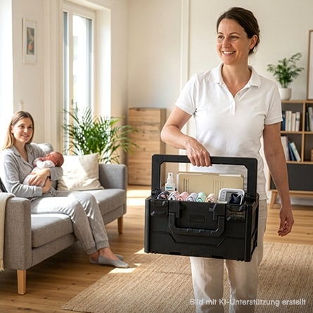 Hebamme trägt toolBOX bestückt mit Babyutensilien