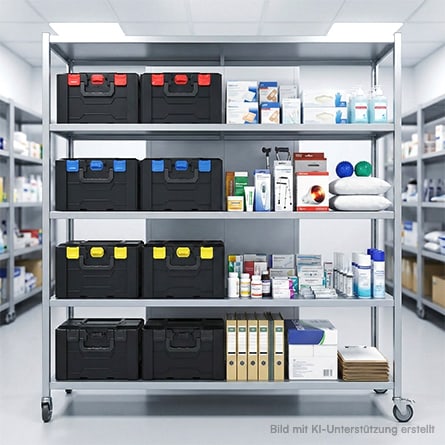 metaBOXen mit verschiedenfarbigen Verschlüssen stehen im Regal eines Lagers mit Pflegeprodukten