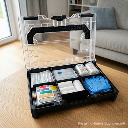 metaBOX95M befüllt mit Verbandsmaterial im privaten Bereich