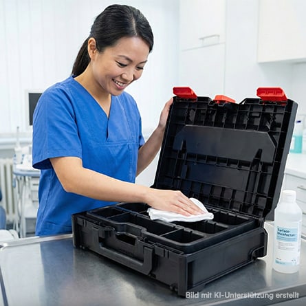 Eine Pflegeperson reinigt eine metaBOX mit Tiefziehteil mit einem Tuch