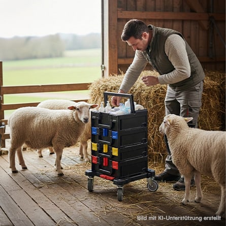 Ein Tierarzt entnimmt aus einer metaBOX Medikamente für Schafe