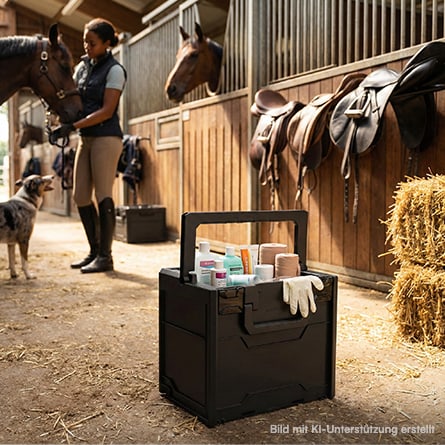 Eine Reiterin kümmert sich um ein Pferd, in der ähe steht eine metaBOX befüllt mit Utensilien für das Pferd