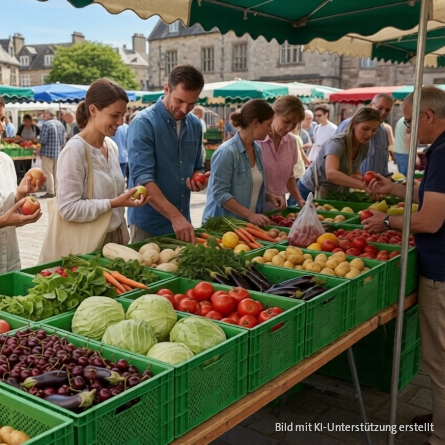 Befüllte Obst- und Gemüsekisten auf einem Marktstand 