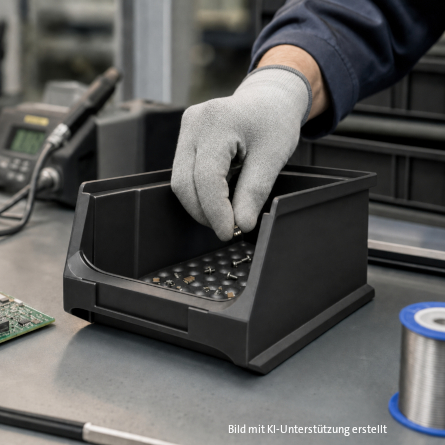 Mit Handschuh geschützte Box greift eine Schraube vom Bodennoppenboden der ESD-Box