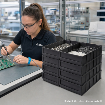 Frau lötet und daneben befinden sich Materialien in ESD-Industrieboxen